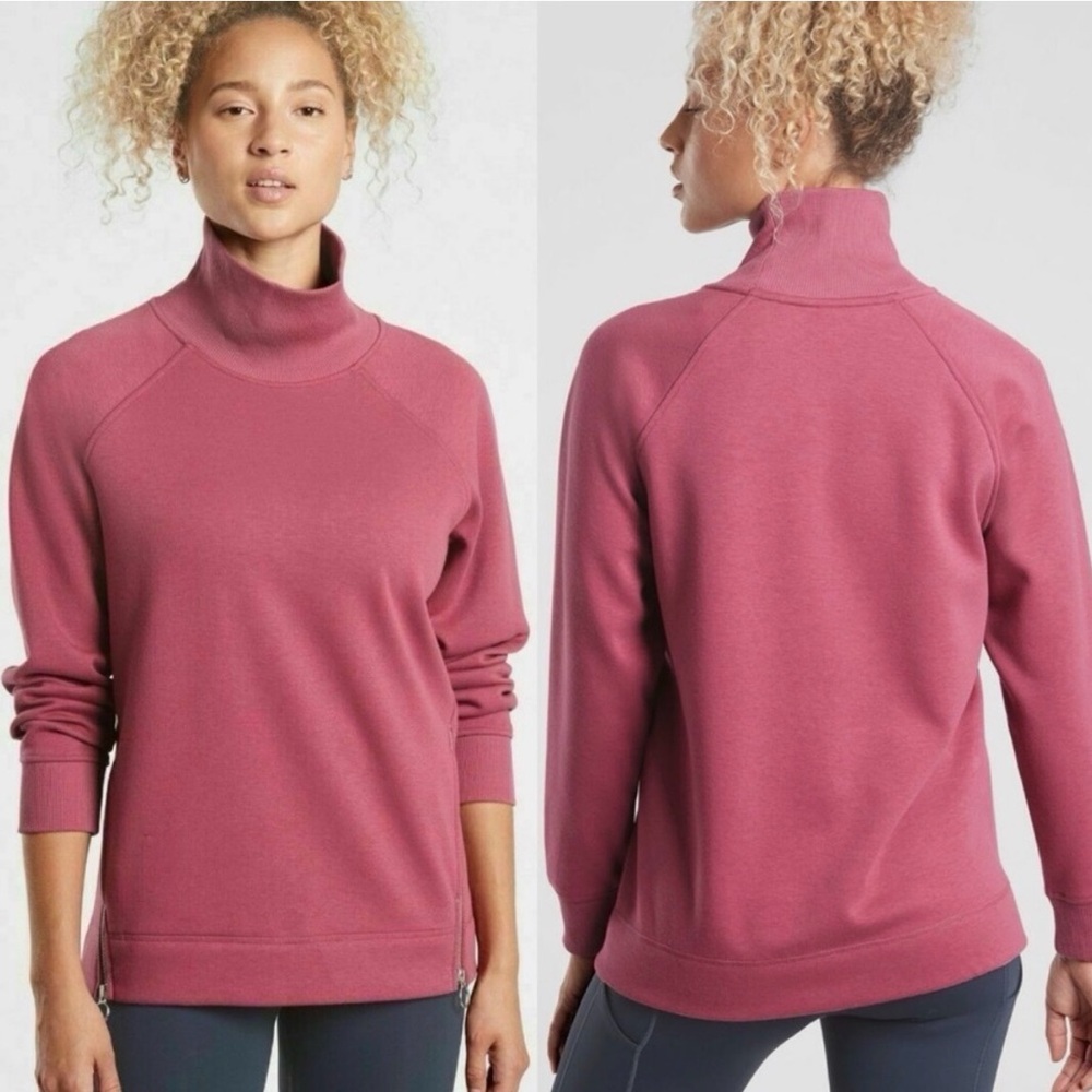 Athleta Cozy Karma Side Zip Funnel Neck Pullover Sweatshirt in Pink, Size MT
